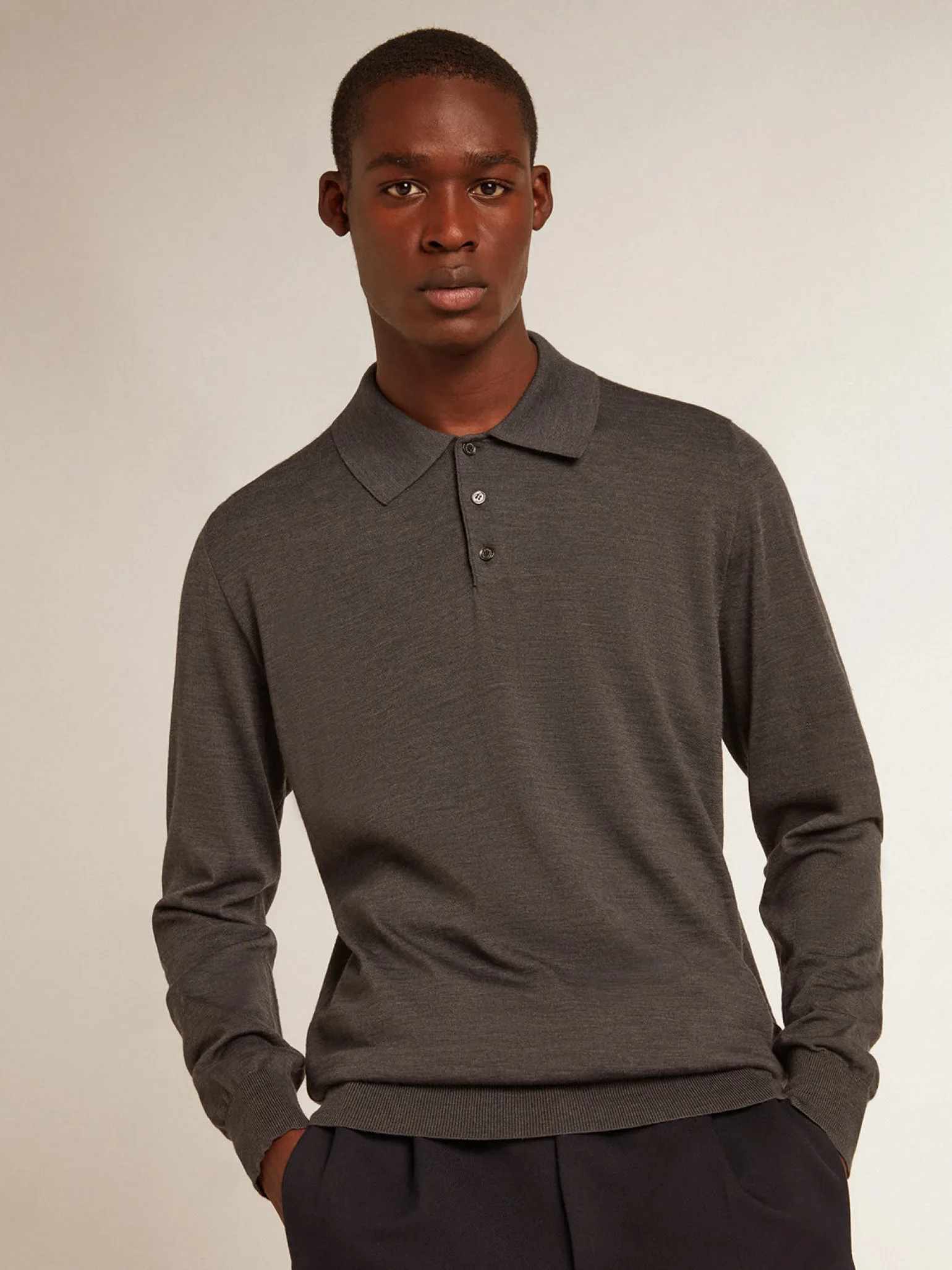 Best Sale Polo masculina de manga comprida de lã merino cinza Camisetas