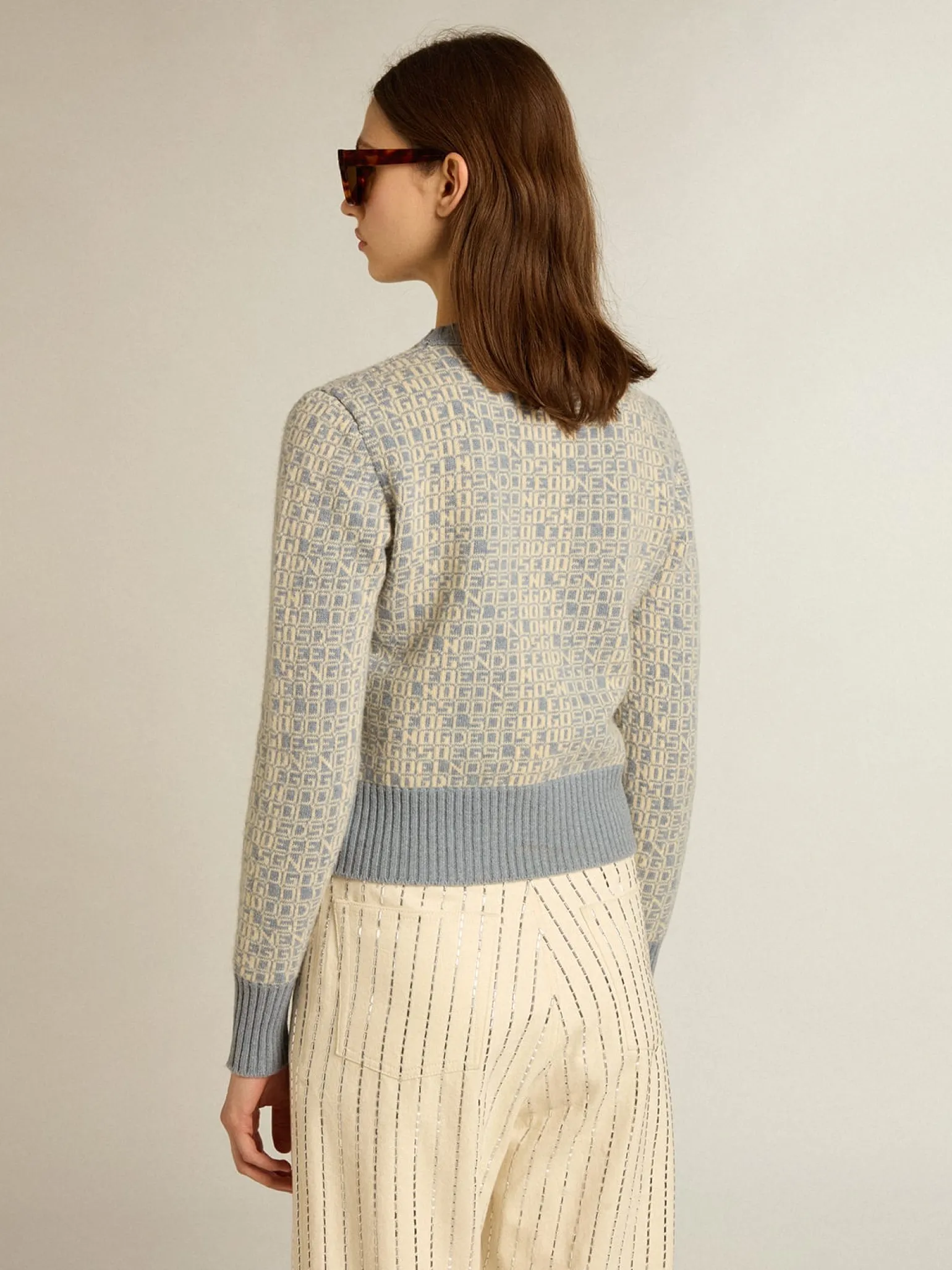 Sale Pulôver cropped de gola redonda com estampa lettering-jacquard azul MULHER Malhas