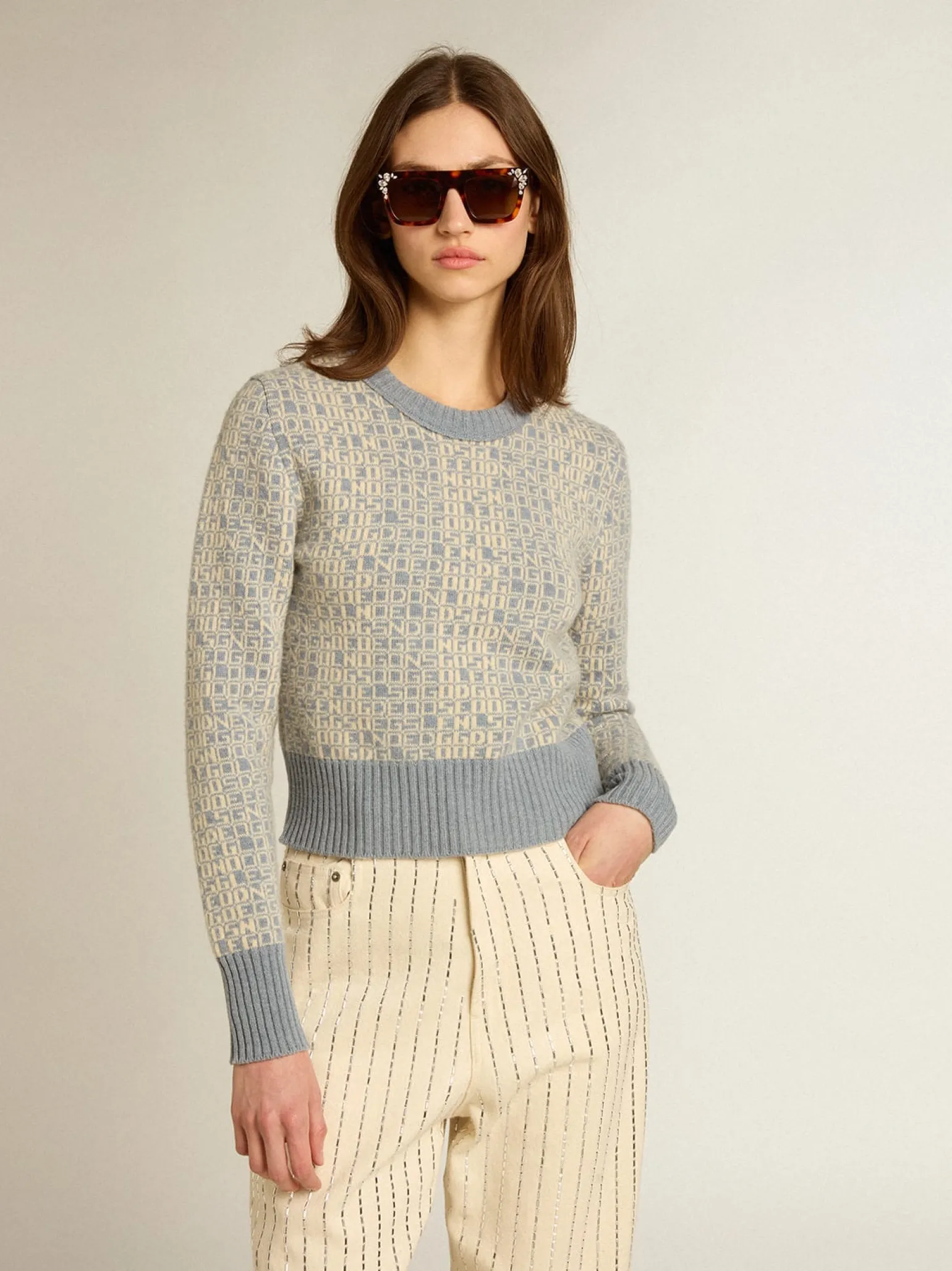 Sale Pulôver cropped de gola redonda com estampa lettering-jacquard azul MULHER Malhas