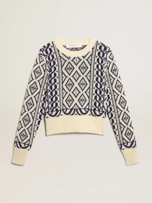 Shop Pulôver cropped gola redonda, estampas geométricas pergaminho e azul MULHER Malhas