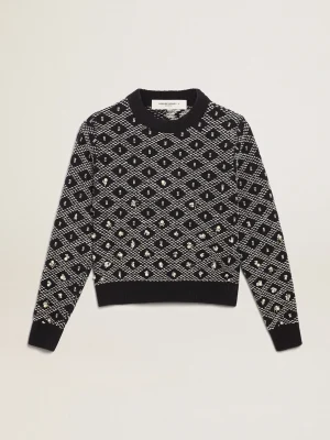 Store Pulôver feminino de gola redonda com motivos geométricos brancos e azuis MULHER Malhas