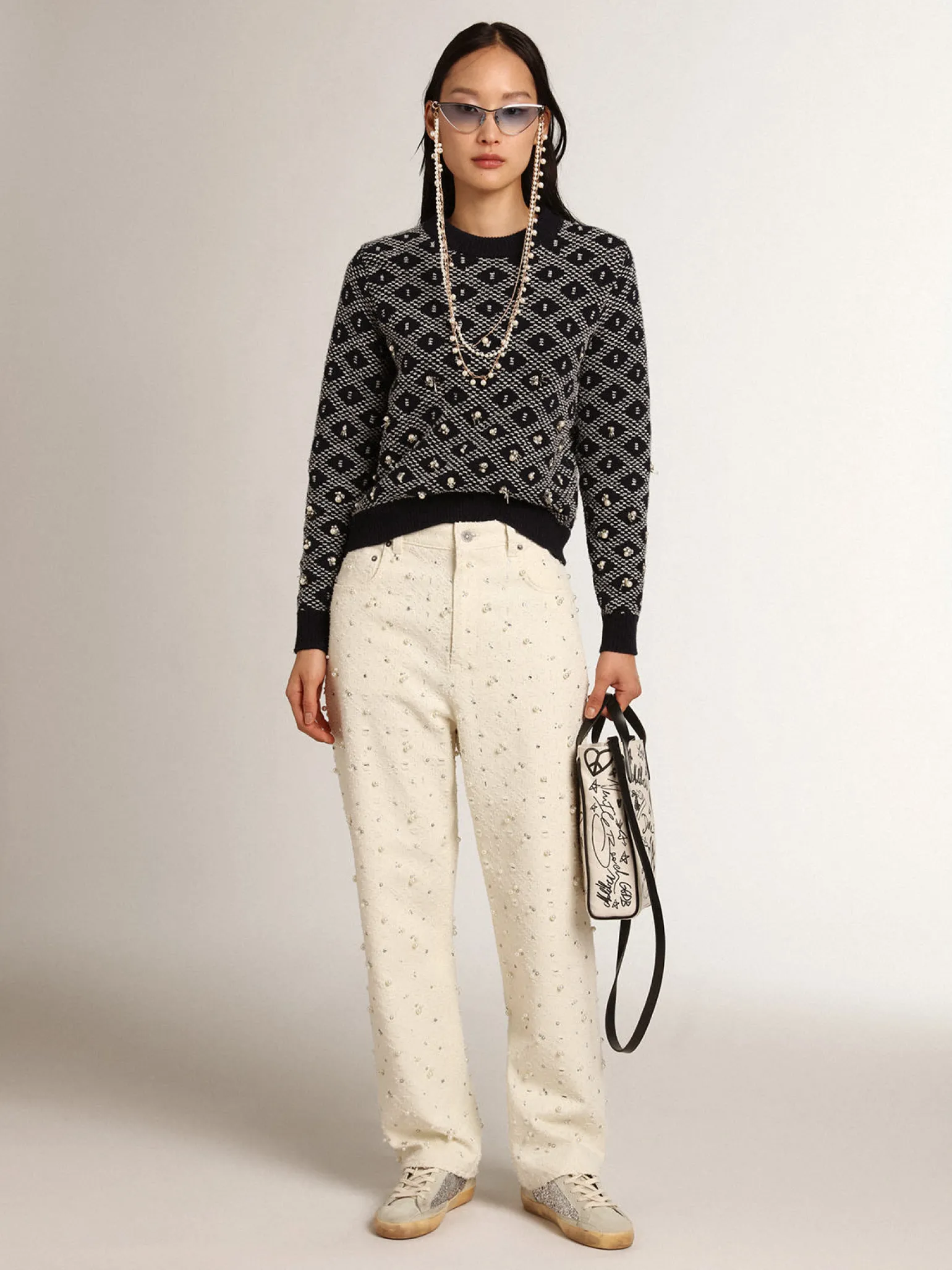 Store Pulôver feminino de gola redonda com motivos geométricos brancos e azuis MULHER Malhas