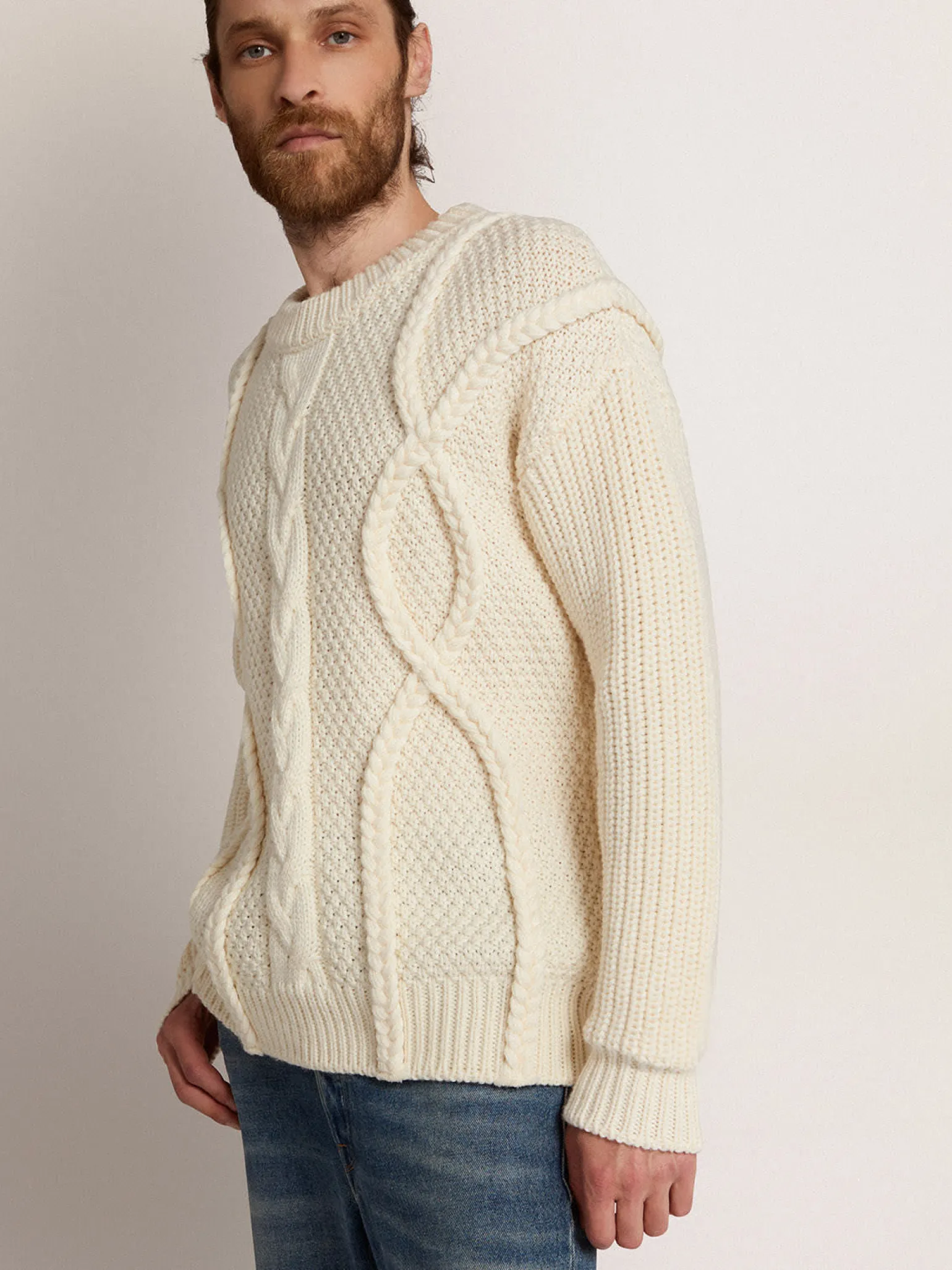 Sale Pulôver masculino de gola redonda de lã com padrão entrelaçado Malhas