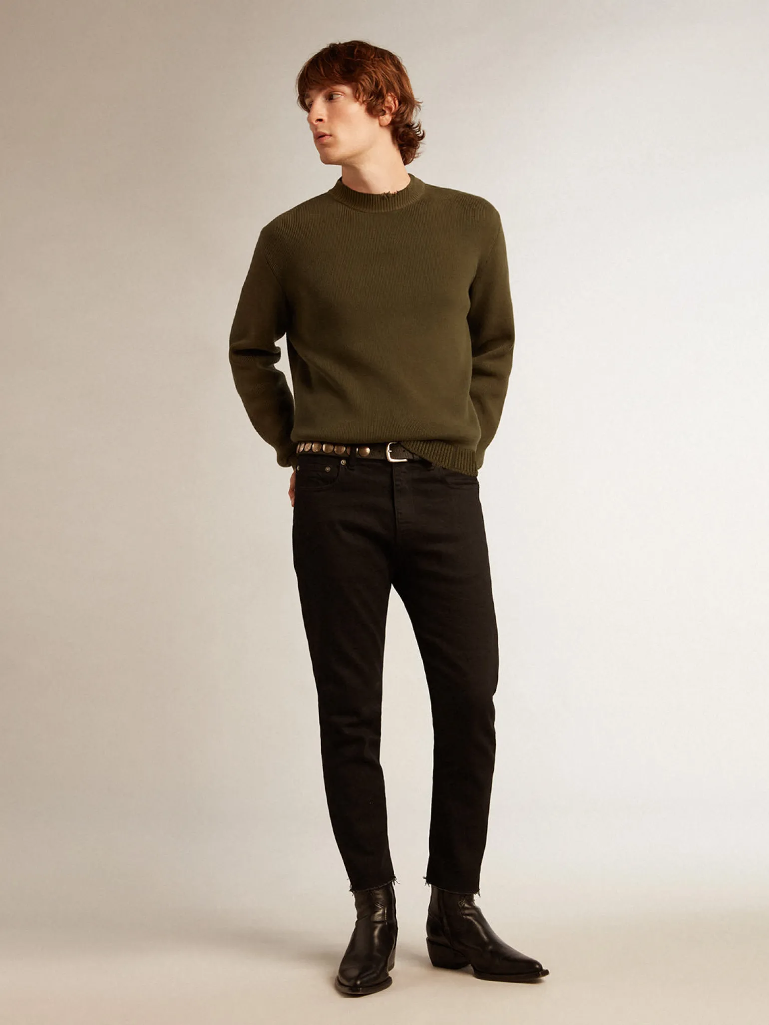 Clearance Pulôver masculino de gola redonda de algodão verde-militar Malhas