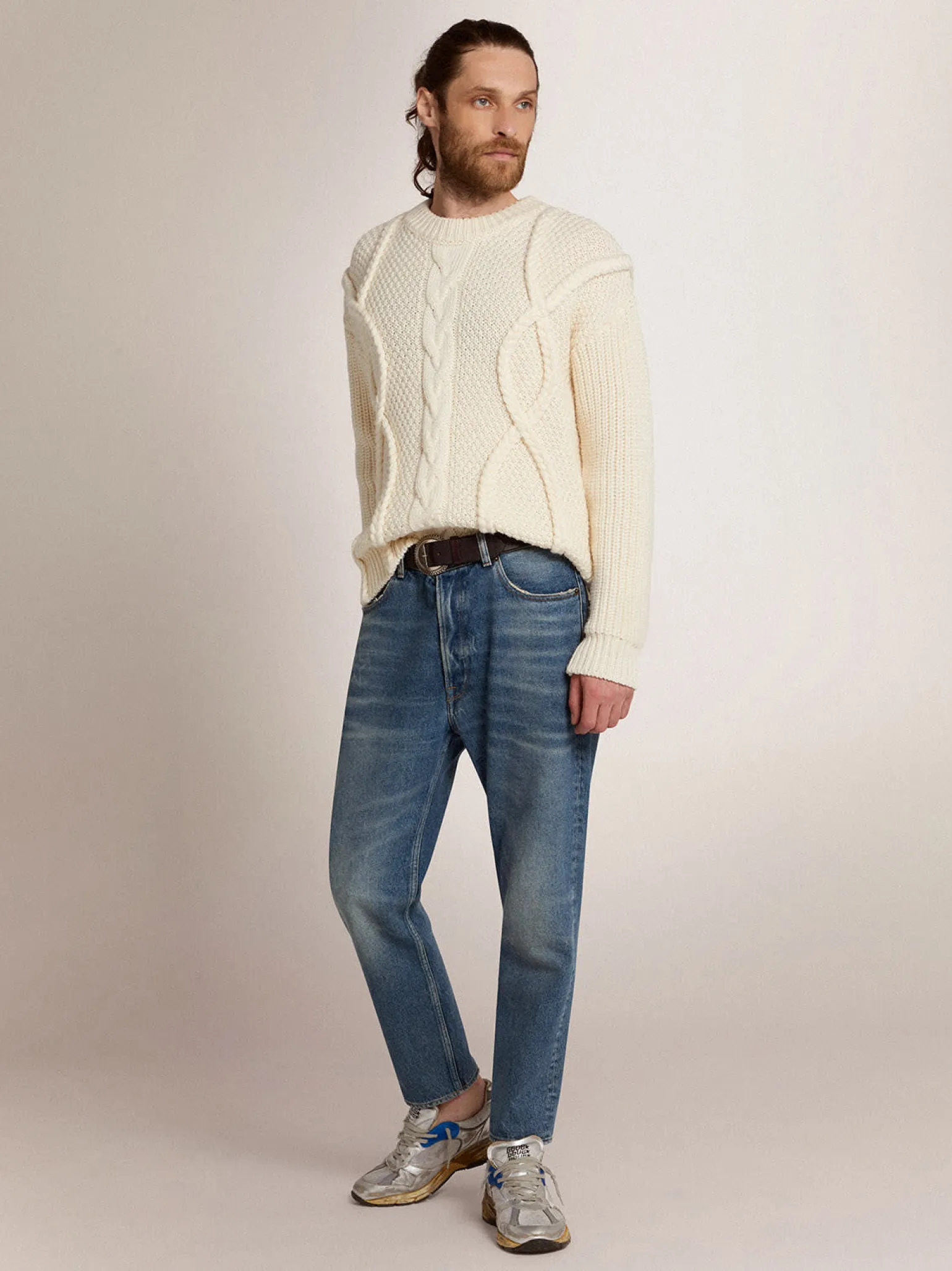 Sale Pulôver masculino de gola redonda de lã com padrão entrelaçado Malhas