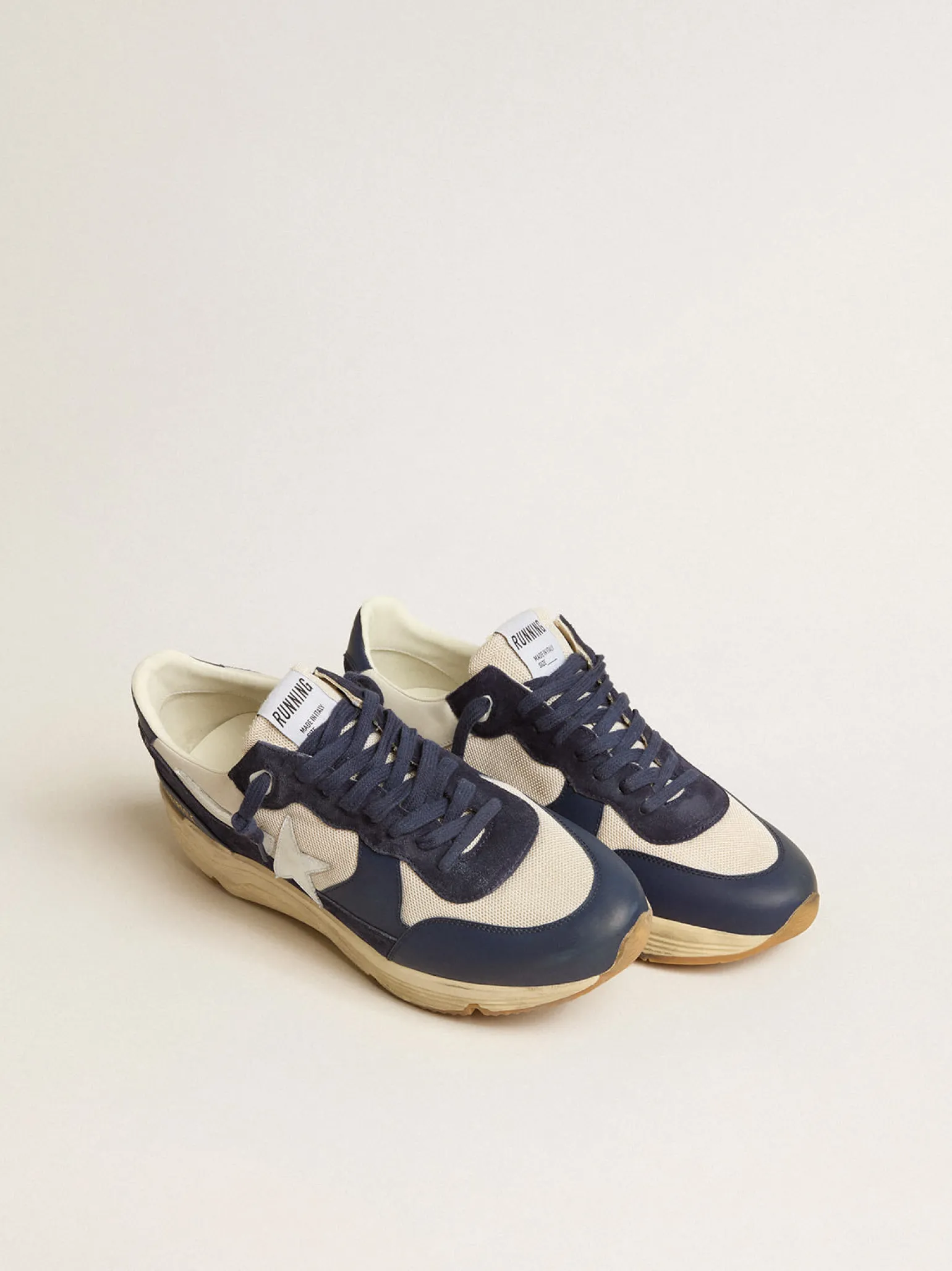 Flash Sale Running Sole de tela creme e couro azul com estrela de couro branca Running Sole