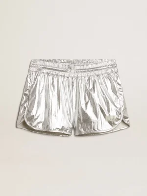 Best Short de corrida feminino de tecido prateado MULHER Saias e Shorts