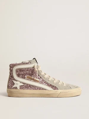 Clearance Slide de glitter lilás com estrela e lista de couro branco MULHER Slide