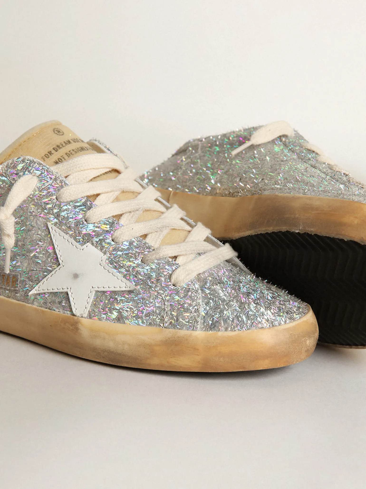 Cheap Super-Star com detalhes de lurex prateado e estrela de couro branco MULHER Super-Star