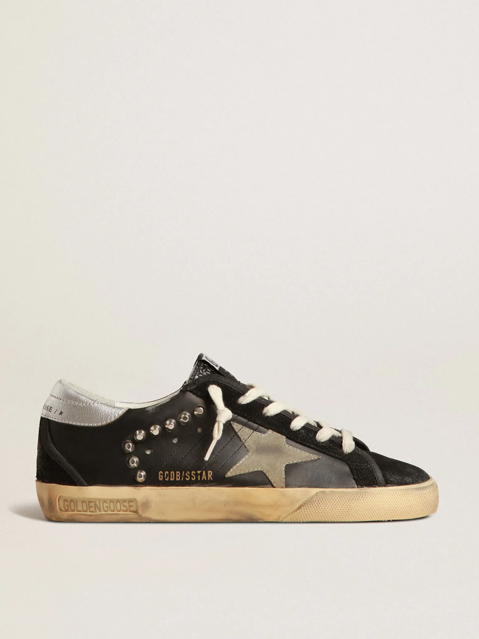 Cheap Super-Star Feminino de couro e suede pretos com tachas prateadas MULHER Super-Star