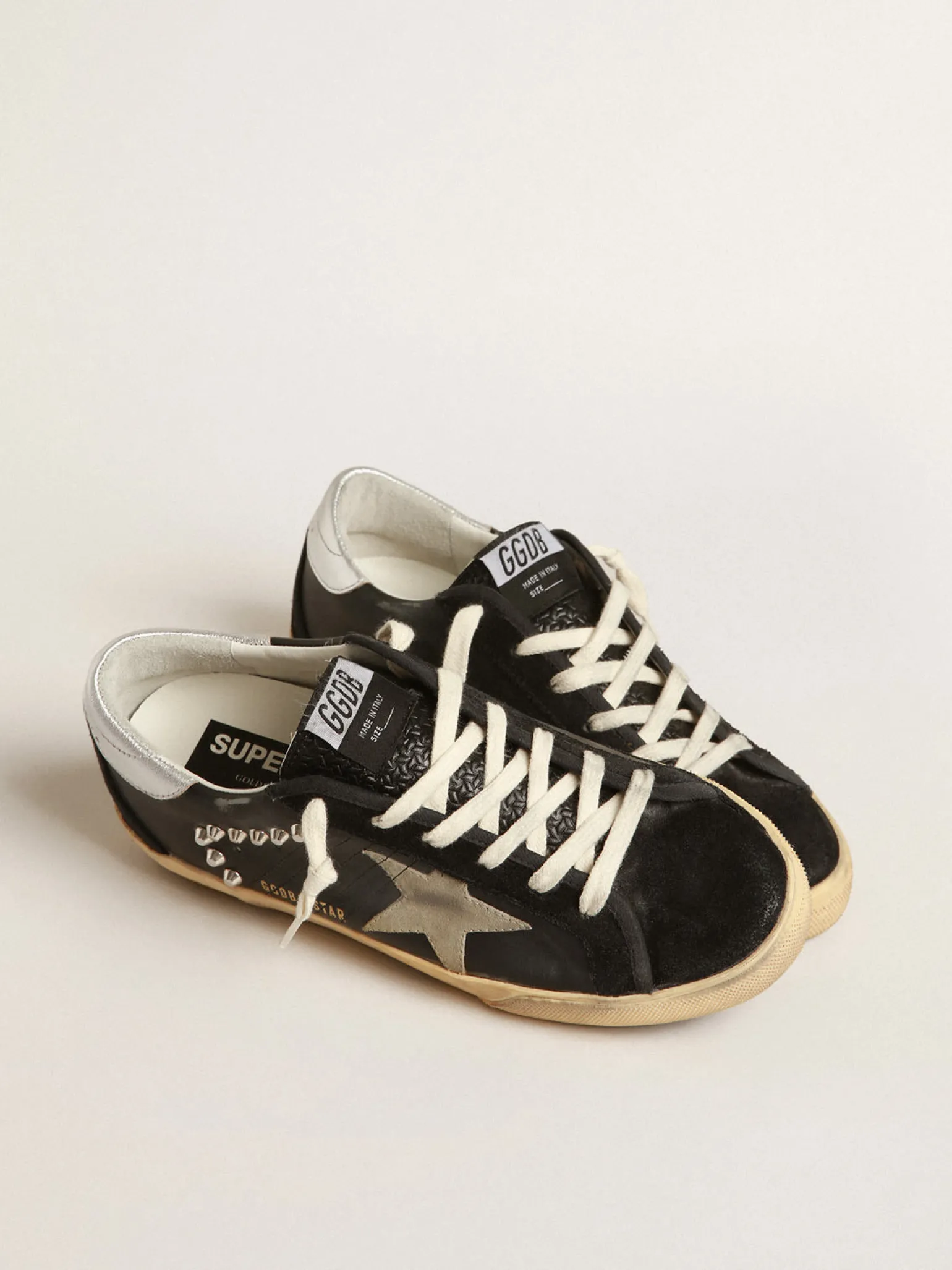 Cheap Super-Star Feminino de couro e suede pretos com tachas prateadas MULHER Super-Star