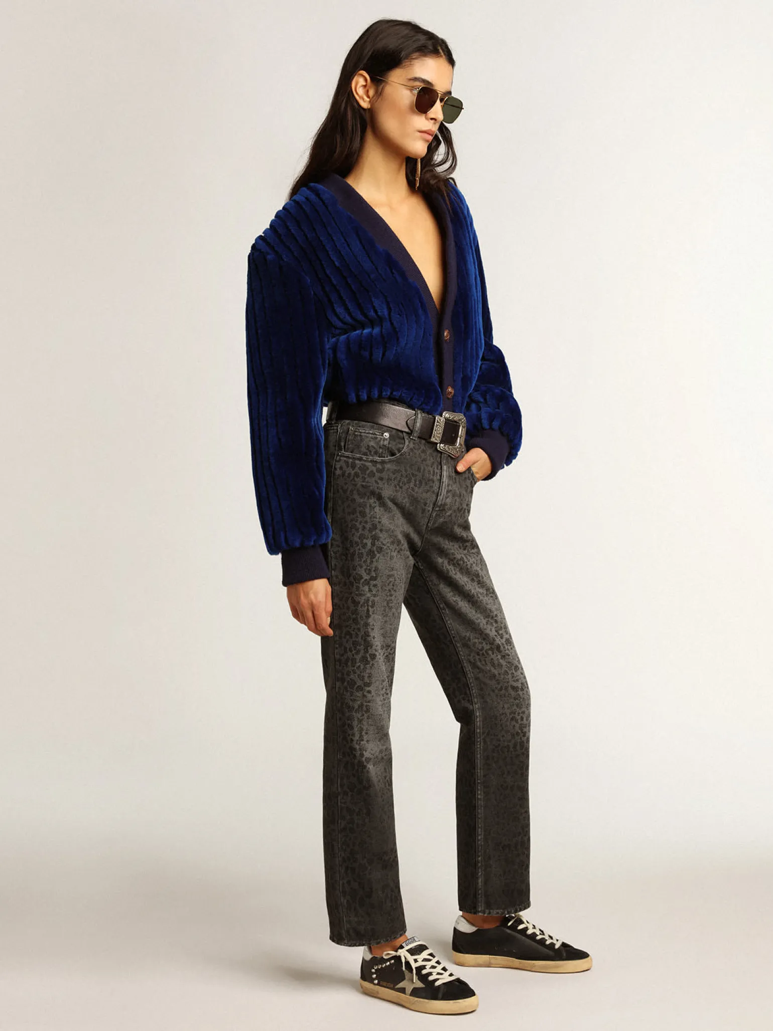 Cheap Super-Star Feminino de couro e suede pretos com tachas prateadas MULHER Super-Star