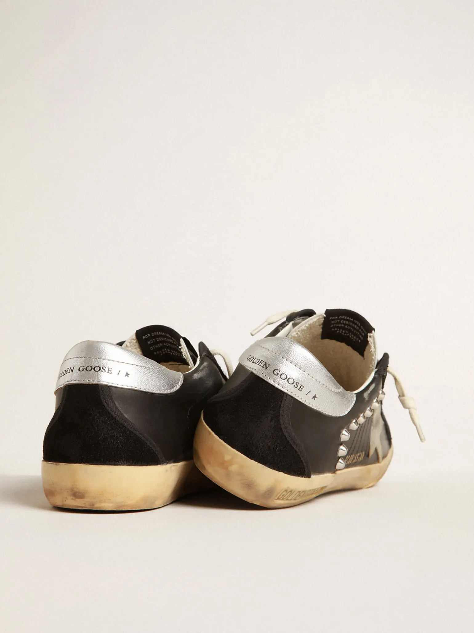 Cheap Super-Star Feminino de couro e suede pretos com tachas prateadas MULHER Super-Star