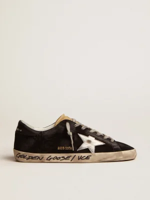 Fashion Super-Star masculino de suede preto com estrela de couro metálico prateado Super-Star