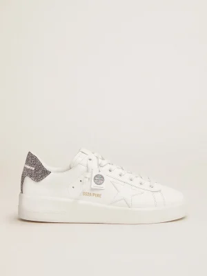 Outlet Tênis Purestar de couro branco com talão de cristais prateados MULHER Purestar