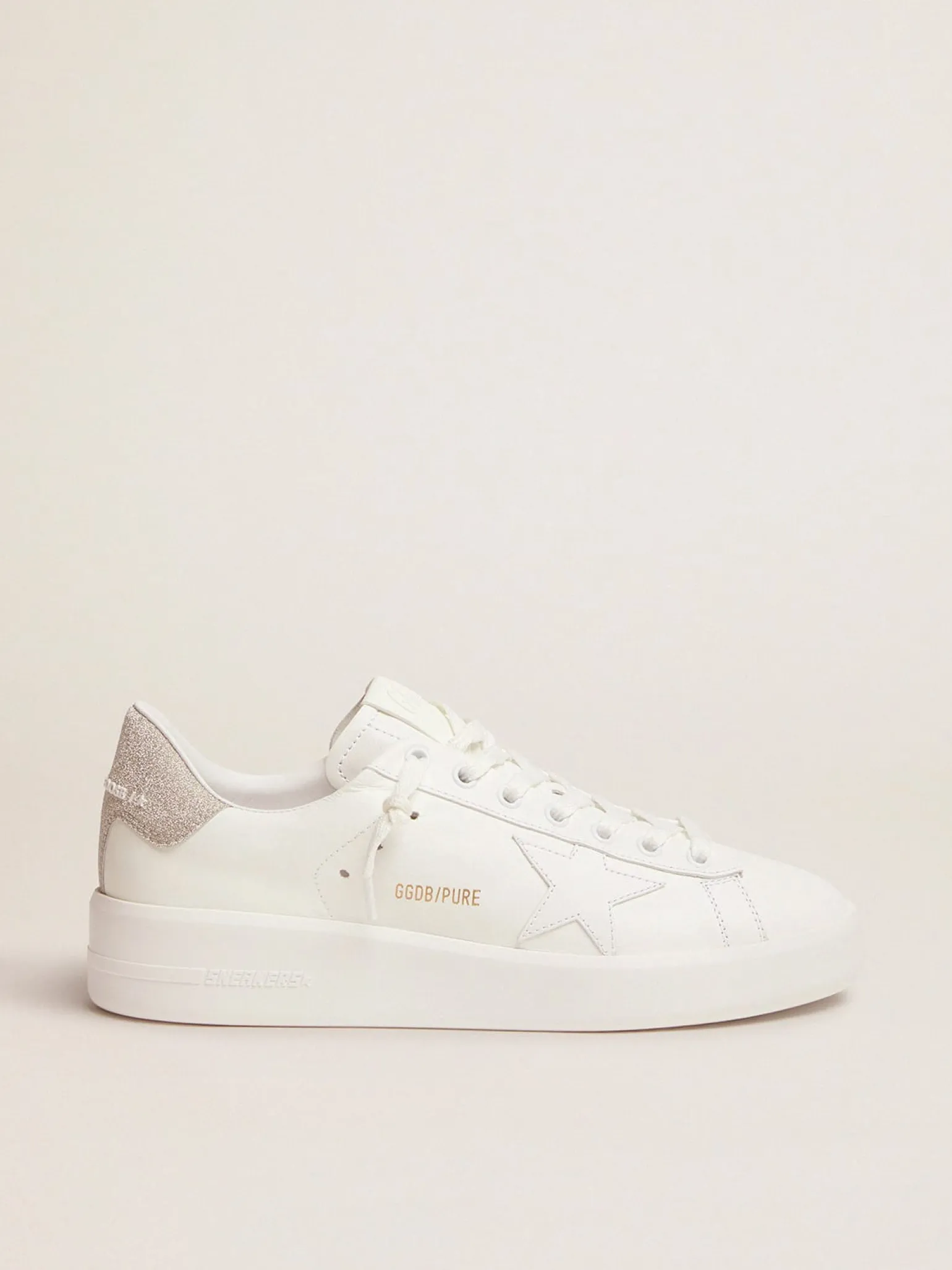 Flash Sale Tênis Purestar de couro branco e talão com glitter champanhe MULHER Purestar