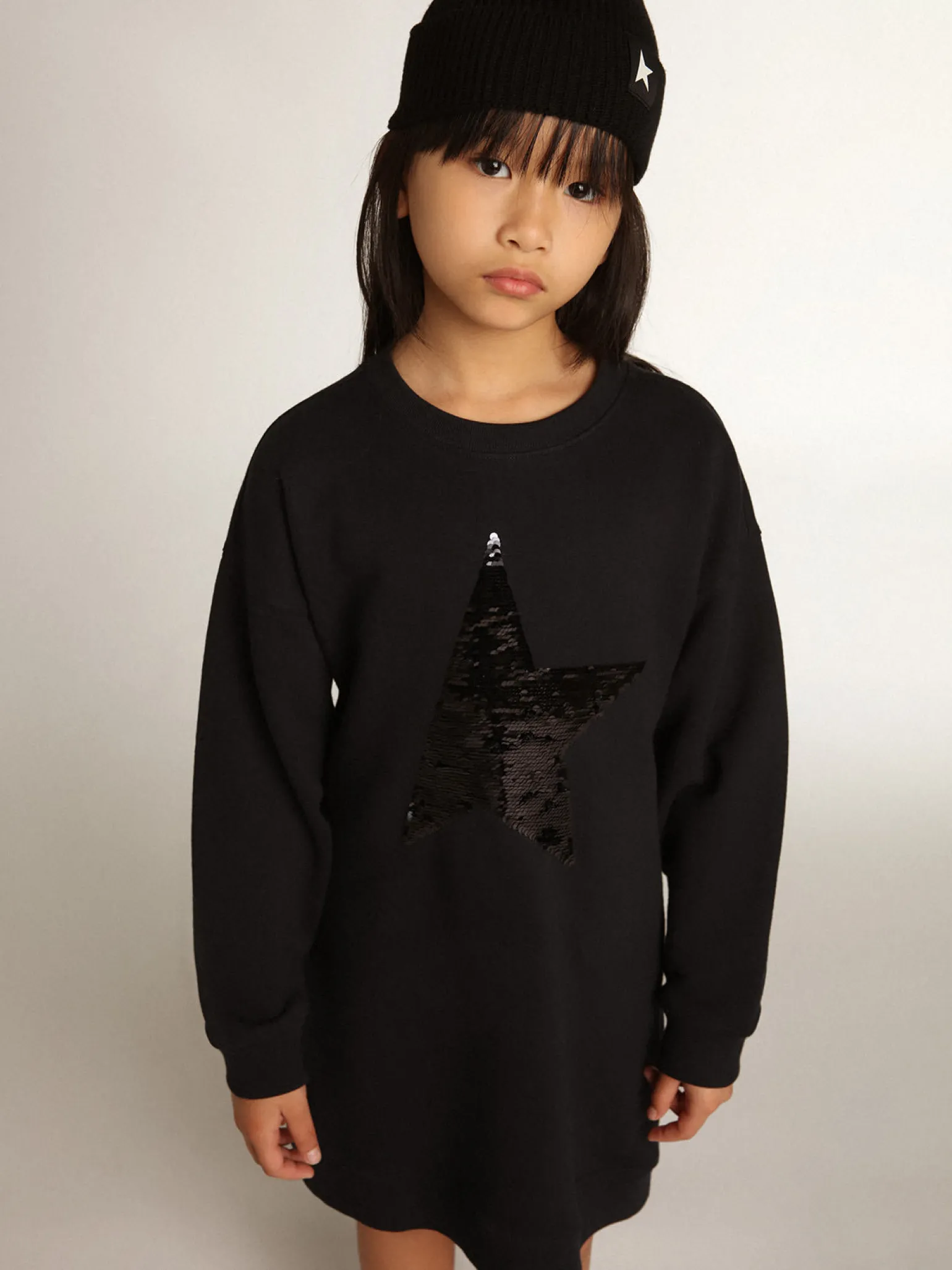 Flash Sale Vestido de moletom infantil feminino azul com estrela de lantejoulas Roupas de cima (4-12 years)