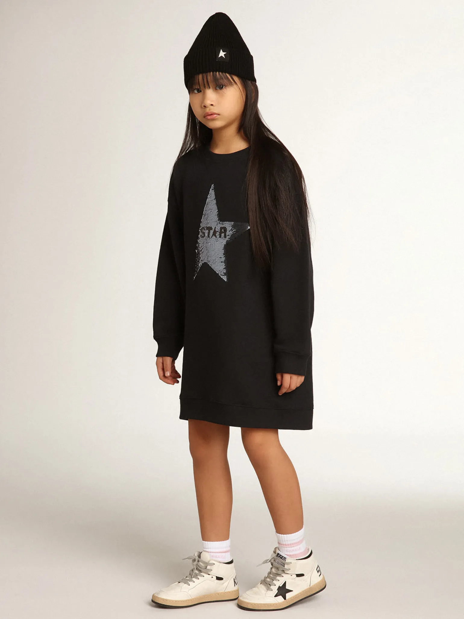 Flash Sale Vestido de moletom infantil feminino azul com estrela de lantejoulas Roupas de cima (4-12 years)